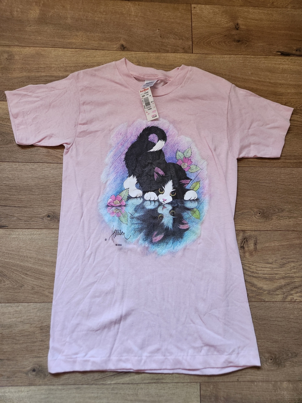 Vintage 90s Pink Cat Graphic Tee Deadstock NEW Single Stitch Sm/Med